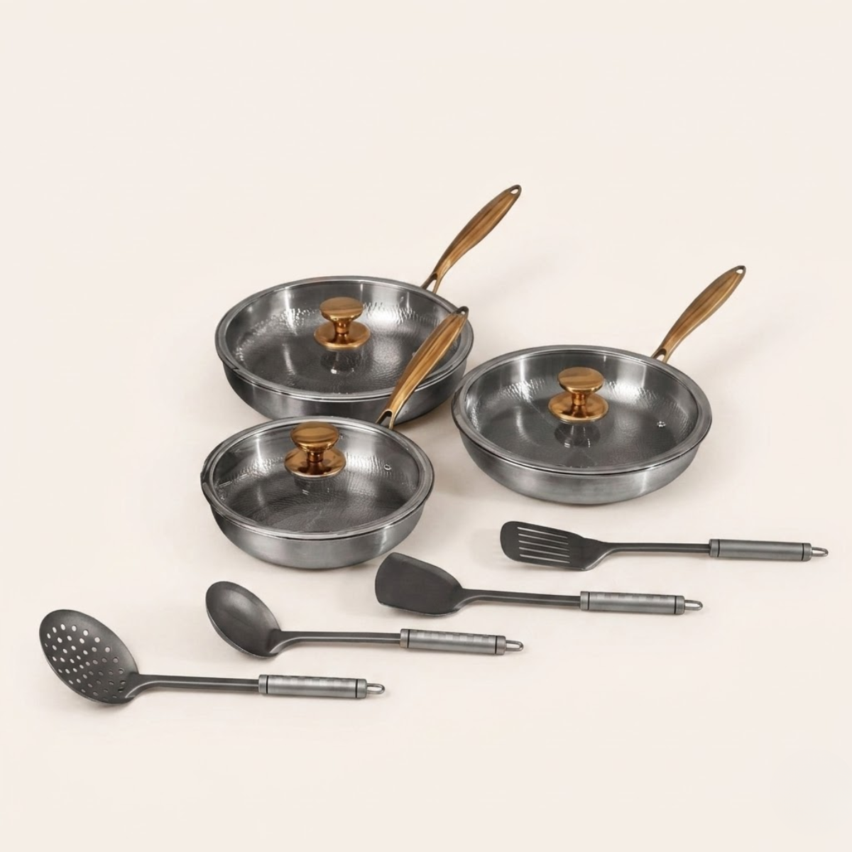 Set Trío de Sartenes Clásicas de Titanio Puro (10 Piezas)