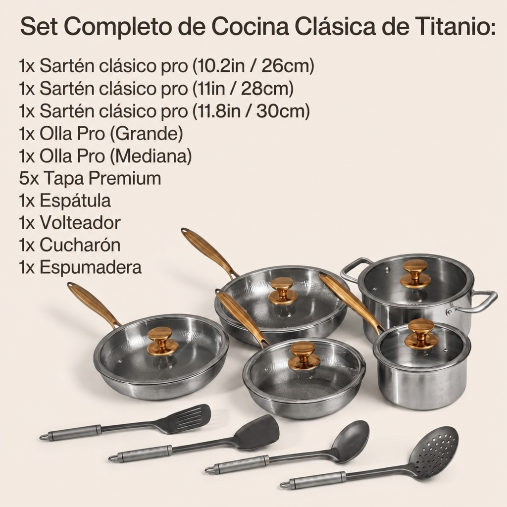 Batería de Cocina Clásica de Titanio Completa (14 Piezas)