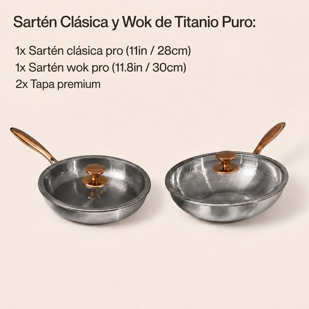 Sartén Clásica y Wok de Titanio Puro (4 Piezas)