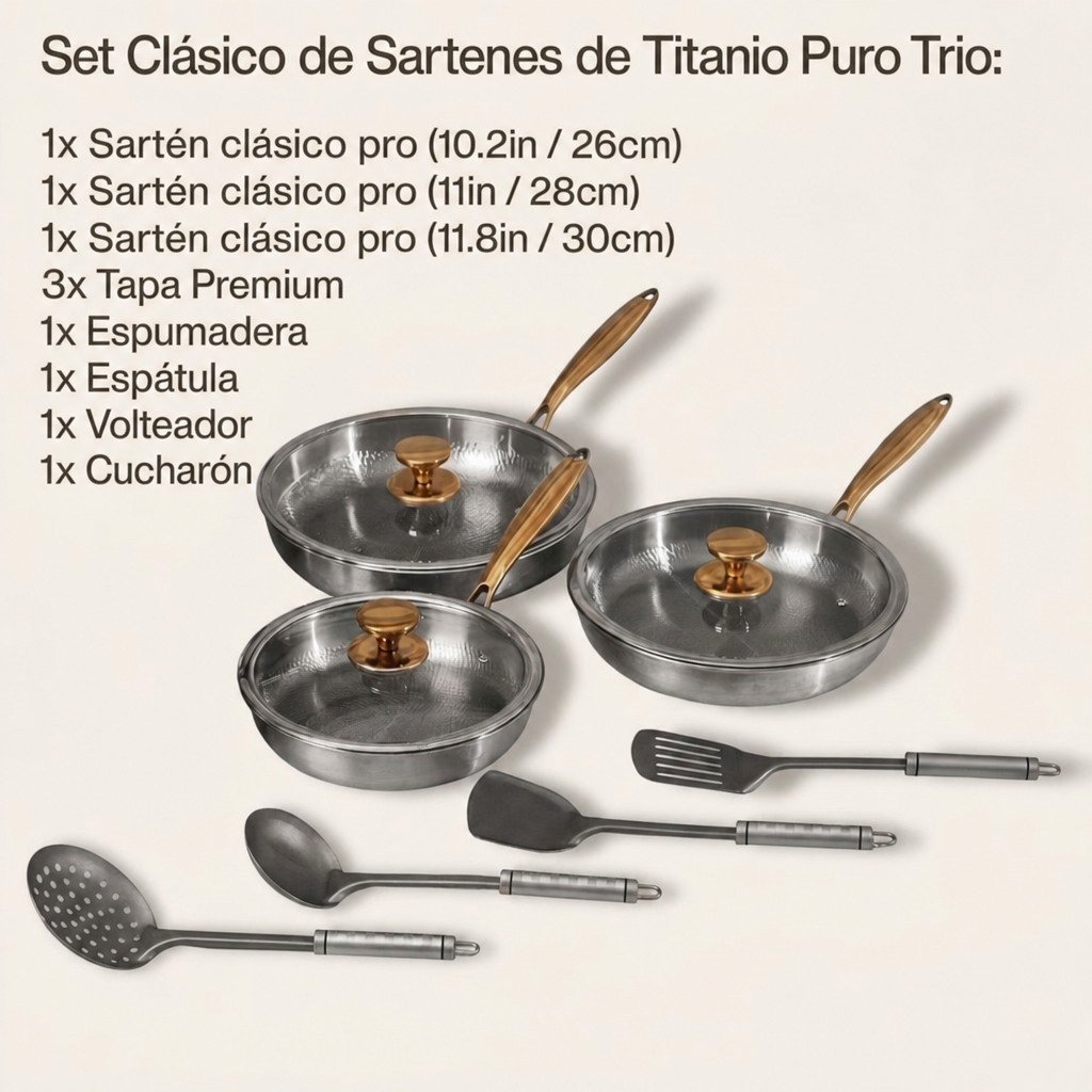 Set Trío de Sartenes Clásicas de Titanio Puro (10 Piezas)